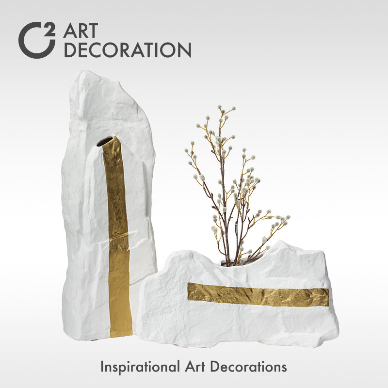 轻奢新中式仿真山石花器假山样板房间酒店软装饰品酒柜玄关摆件