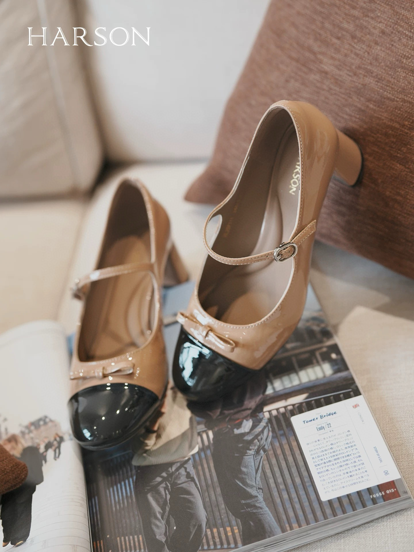 断码撤柜高端品牌女秋季复古拼色漆皮高跟一字带女鞋头层牛皮HS71