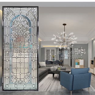 法式客厅隔断手工雕刻艺术玻璃奶油风蒂凡尼彩色玻璃屏风干湿分离