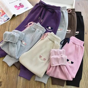 女童窄版一体绒立体绣休闲运动卫裤儿童加厚奥粒绒幼儿园神裤秋冬