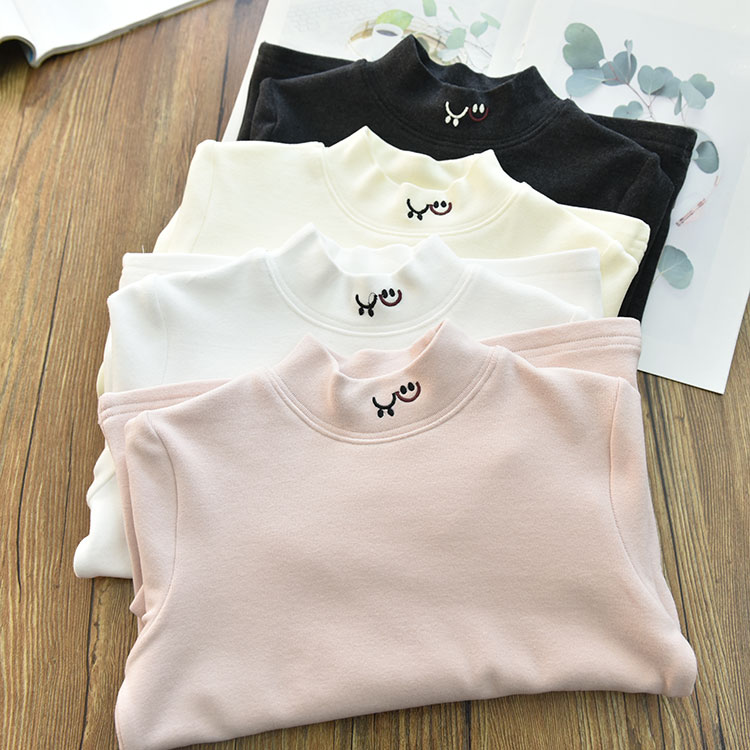 女童保暖软糯刺绣笑脸半高领套头打底衫 中大儿童内搭上衣冬