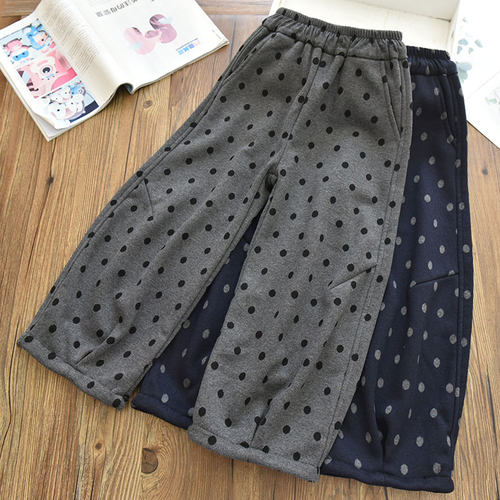 女童洋气时髦一体绒加厚直筒满印波点弯刀裤中大儿童外穿香蕉裤秋