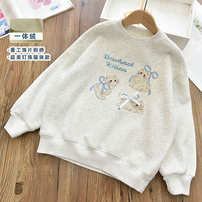 韩版洋气女童加绒甜美钉珠蝴蝶结猫咪卫衣中大儿童宽松打底上衣冬