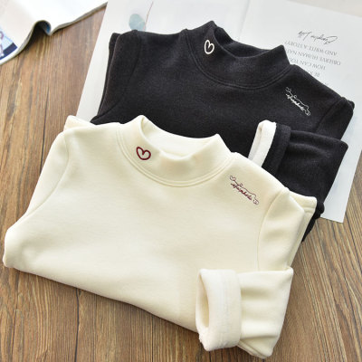 女童加绒保暖厚实爱心刺绣半高领套头打底衫 中大儿童内搭上衣冬