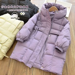 女童90白鸭绒厚实保暖中长款连帽羽绒服 中大儿童棉服外套上衣冬