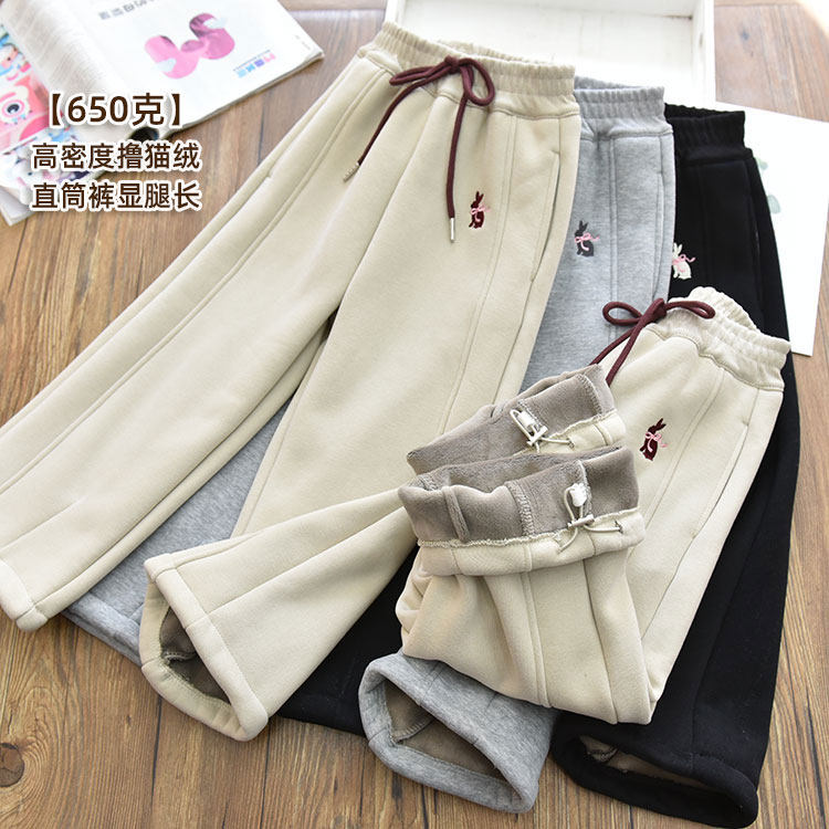 女童加厚密密绒刺绣拼条直筒阔腿裤 中大儿童百搭厚实束脚长裤冬,童装/婴儿装/亲子装,裤子,淘宝优惠券,粉丝福利购,淘宝优惠卷