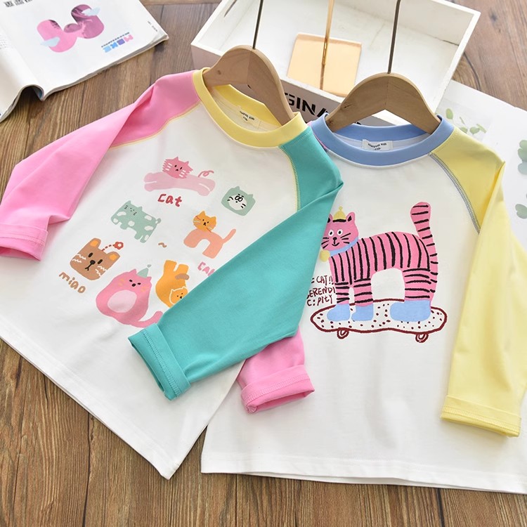 洋气百搭|女童撞色条纹T恤中大儿童AB袖卡通纯棉插肩袖打底衫25春
