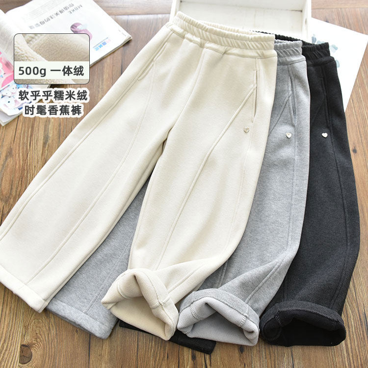 女童一体绒保暖厚实拼线糯米香蕉裤 中大儿童宽松休闲弯刀裤冬