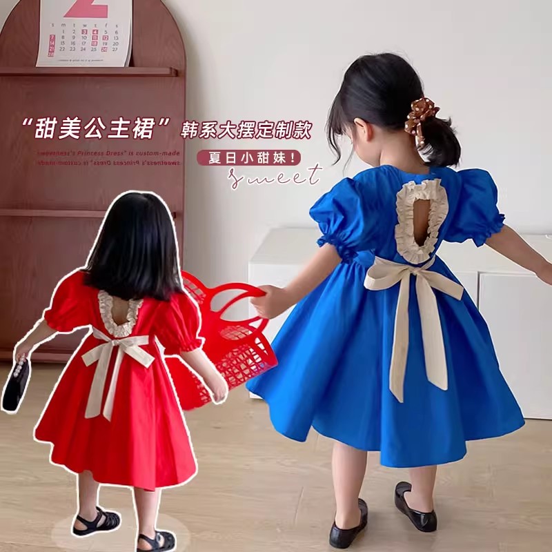 女童韩范甜美蝴蝶结泡泡袖公主裙 儿童宝宝清凉薄棉连衣裙 夏童装