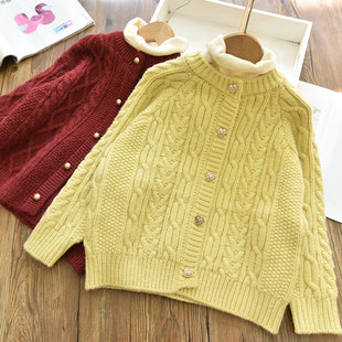 洋气女童麻花针织衫红毛衣中大儿童时髦假两件套头针织衫新年款