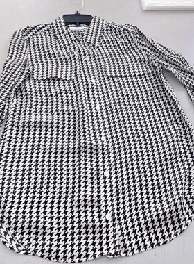 19姆米真丝双乔绉  EQ基础款双口袋女士长袖衬衫  白底黑色千鸟格