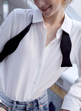 LS EQUIPMENT 18mm真丝双皱OL职业装小领结飘带白色长袖衬衫女