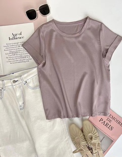 真丝22姆米T恤短袖通勤圆领桑蚕丝重磅亮面币入敦煌色系丝绸上衣