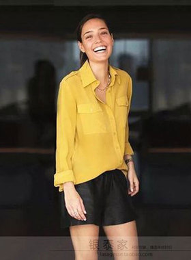 推荐OL风格LS 姜黄色真丝衬衫秋冬纯色冰爽风女双口袋长袖上衣