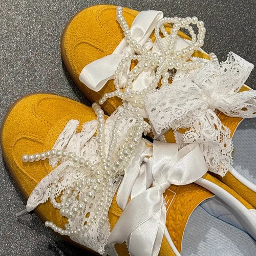 蕾丝鞋带适配德训鞋装饰女款芭蕾风丝带丝绸珍珠蝴蝶结鞋扣可拆卸