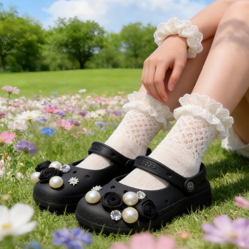 适配crocs洞洞鞋花珍珠玫瑰雪花钻轻奢高级感黑色鞋扣装饰水钻