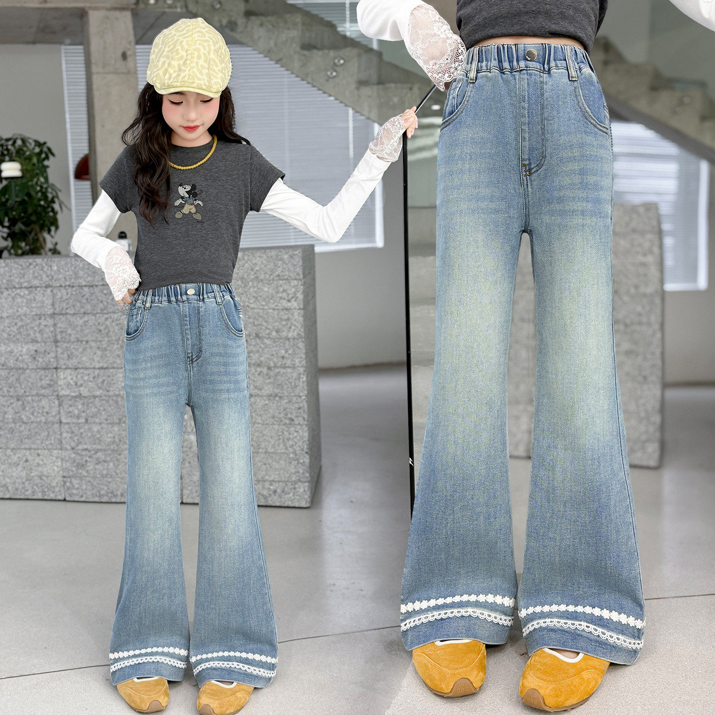 女童牛仔微喇叭裤春秋2026新款洋气松紧腰蕾丝花边长裤休闲裤子,童装/婴儿装/亲子装,裤子,淘宝优惠券,粉丝福利购,淘宝优惠卷