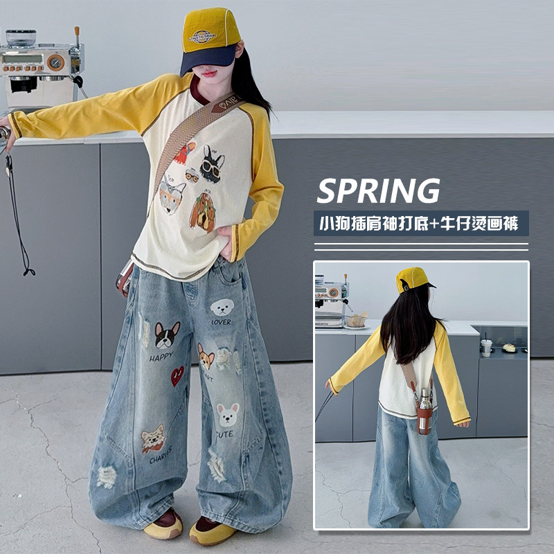 卡通风女童牛仔阔腿裤春秋2026新款松紧腰长裤休闲裤子,童装/婴儿装/亲子装,裤子,淘宝优惠券,粉丝福利购,淘宝优惠卷