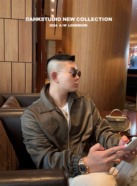 GAHKSTUDIO FW24早秋P家高定尼龙面料特殊定染墨绿色防风夹克薄款