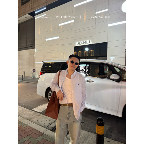 GAHKSTUDIO【随意松弛】新贵风简约小刺绣蓝条纹衬衫全棉