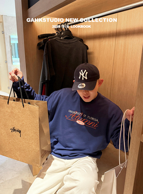 GAHKSTUDIO LA BOY/美式/学院/少年感/撞色藏蓝刺绣卫衣/春夏款