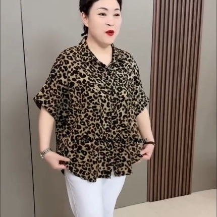 大码女装2025夏季新款韩版时尚翻领复古格子豹纹洋气显瘦半袖小衫