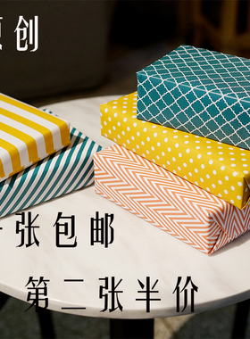 柠檬黄搭配蓝色 红条纹礼物礼品包装纸DIY手作的情谊  粉若原创
