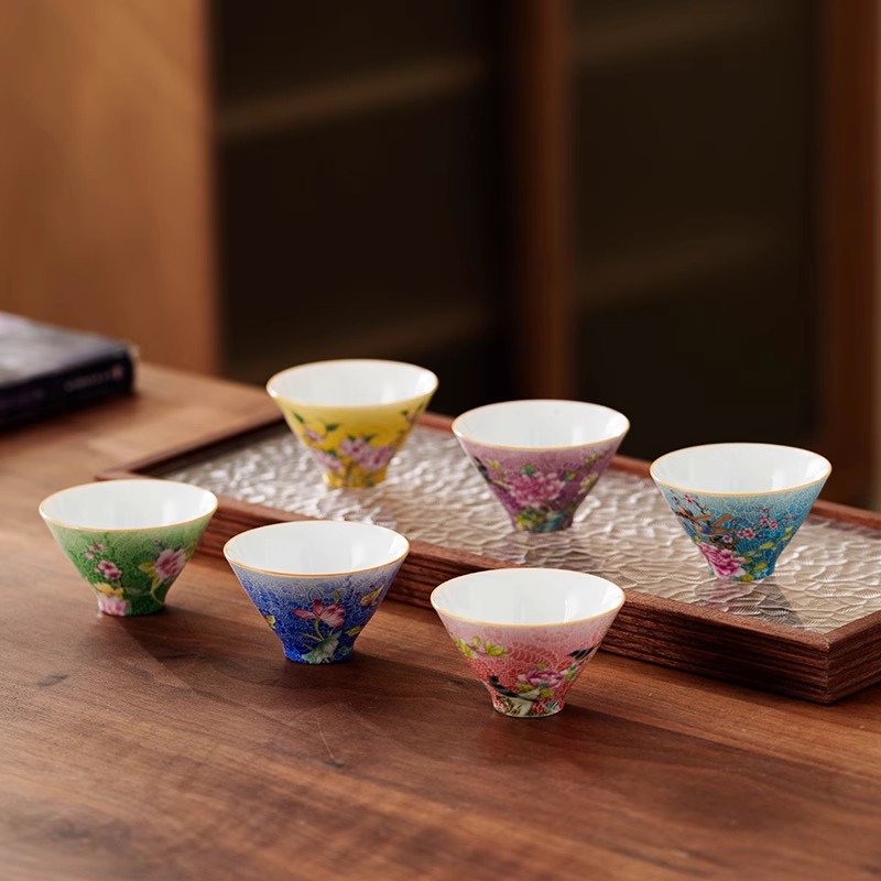 青花珐琅彩扒花满彩单杯茶杯套装