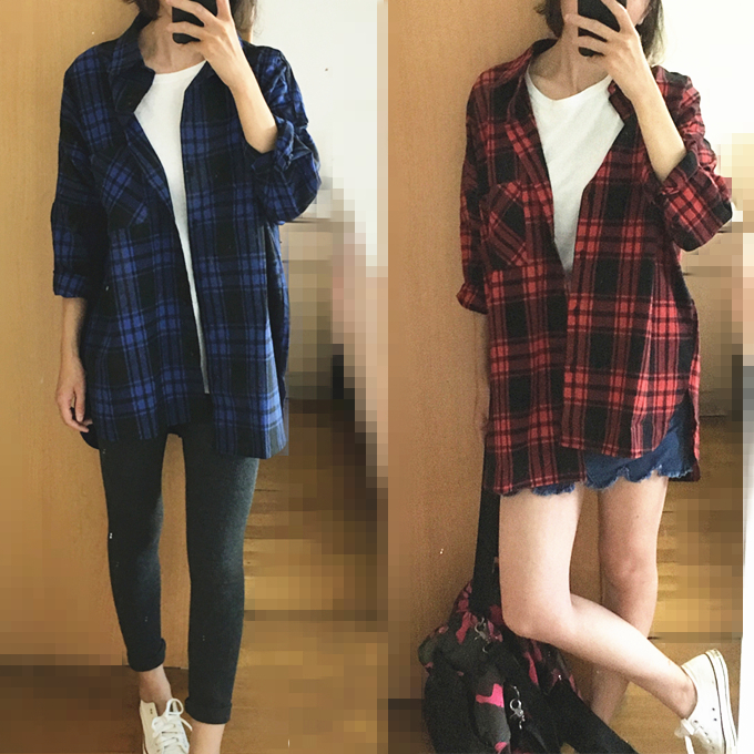 Special treatment of large plaid shirt, female flaws, BF style, students versatile Plaid Long Sleeve Shirt