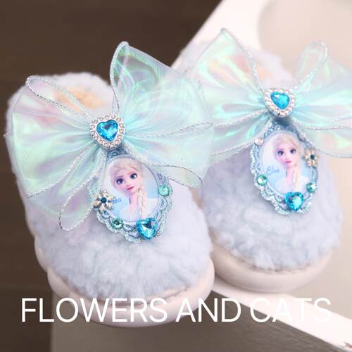 2025粉秋冬棉拖鞋女童公主居家室内包跟艾莎公主毛绒保暖拖鞋儿童