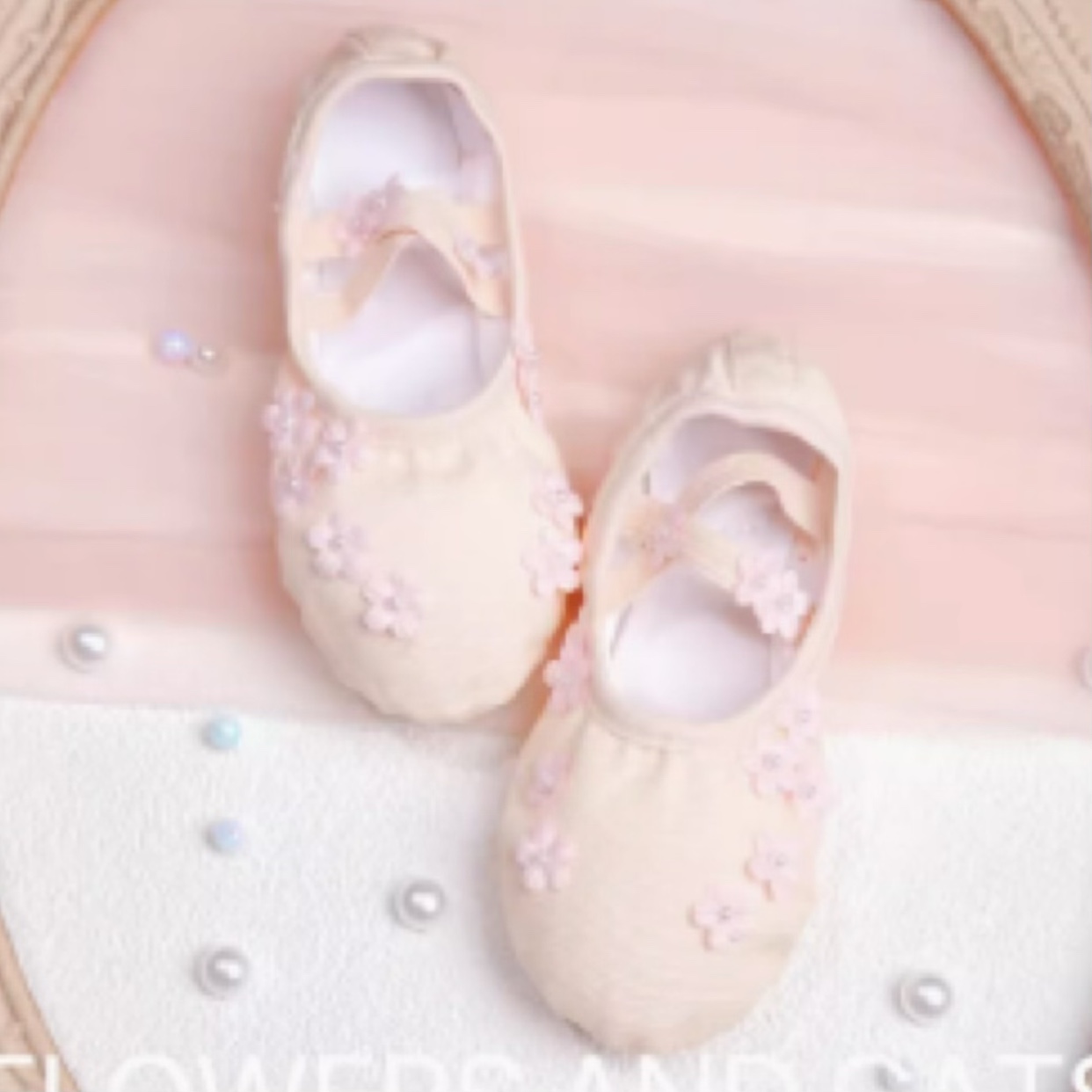 女童软底形体粉色小花练功舞蹈鞋