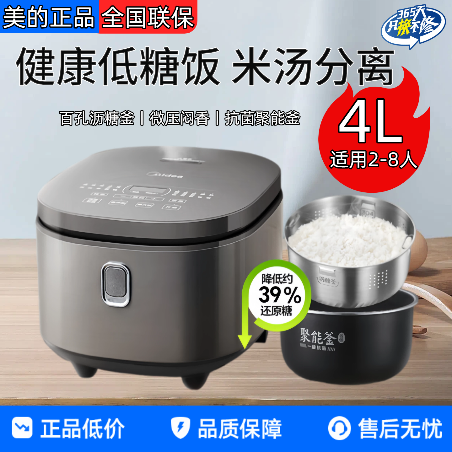 美的低糖电饭煲家用4升米汤分离沥米饭快速饭智能预约2026新款