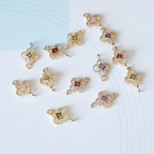 铜镀金保色微镶锆石四叶草双吊diy手工耳环发簪流苏璎珞饰品配件