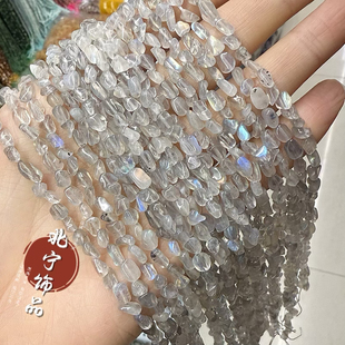 4-6mm天然灰月光直孔碎石随形散珠半成品diy手链项链饰品配件材料