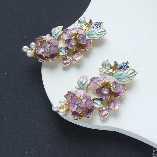 合金珐琅彩中式胸花饰品材料 中式国风滴油珍珠牡丹花配饰配件