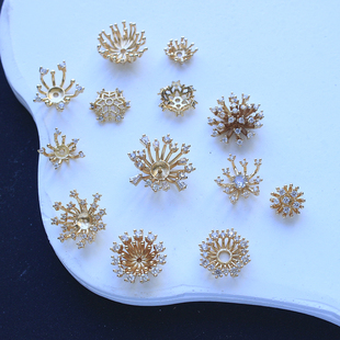 铜保色浅KC金色镶锆石花托花蕊配件diy隔珠手工串珠项链手链配饰