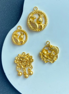 合金镀哑金色鲤戏荷花点翠底胎兔抱蛇吊坠锦 diy古风手工耳环配件