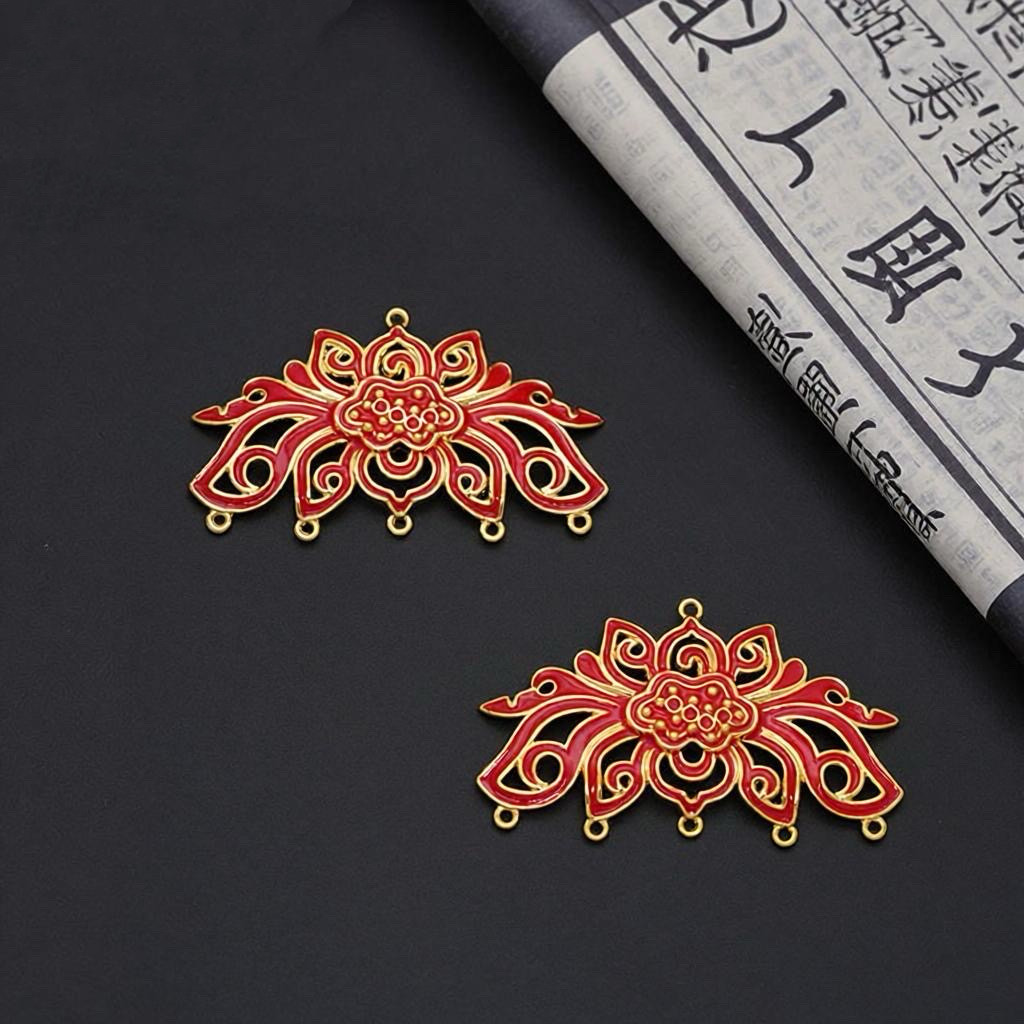 合金保色红色单面莲花吊坠手工DIY发饰配件汉服头饰材料饰品配件
