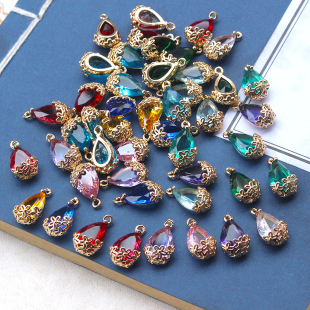 稀土玻璃镂空梅花水滴吊坠 手工diy饰品配件材料铜保色包边宝石