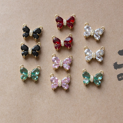 保色铜镶锆石双吊蝴蝶水晶锆石 DIY手工项链吊坠饰品配件材料