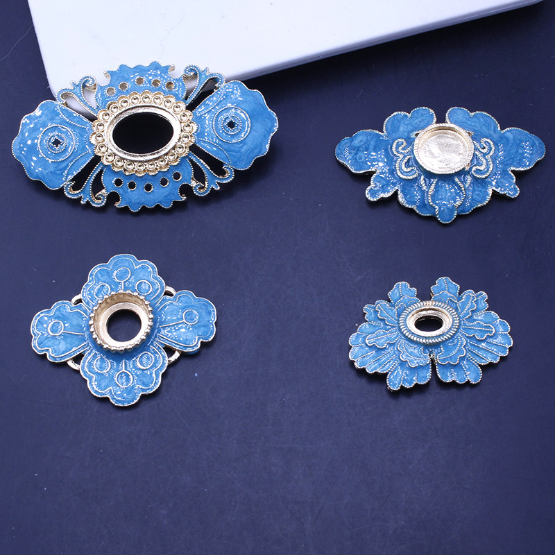 合金配件滴油仿点翠珍珠蓝花盘托连接片手工diy古风发簪头饰材料