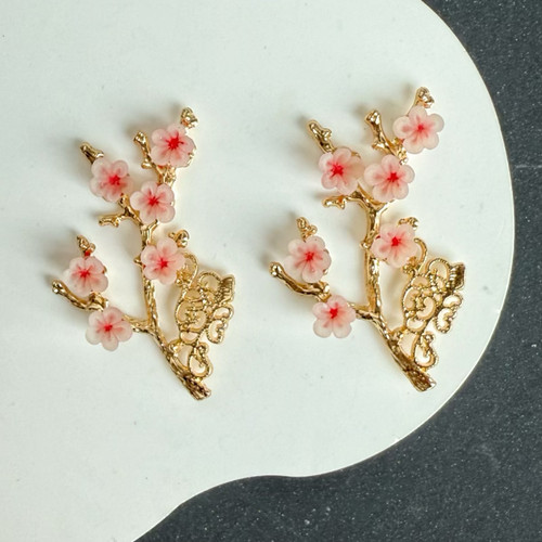 DIY粉色樱花树枝 古风花枝树叶合金配件手工团扇发簪头饰配件材料