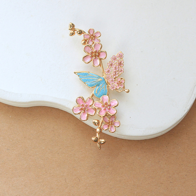 铜保色滴油花蝴蝶 手工DIY饰品配件滴油仿点翠蝴蝶花朵发簪材料