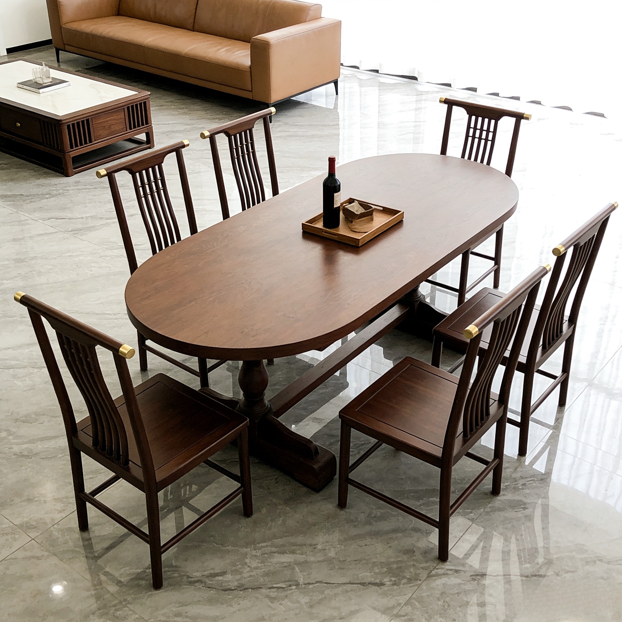 新中式实木茶餐桌椅组合长方形罗马柱中简易多功能中古风家用茶几