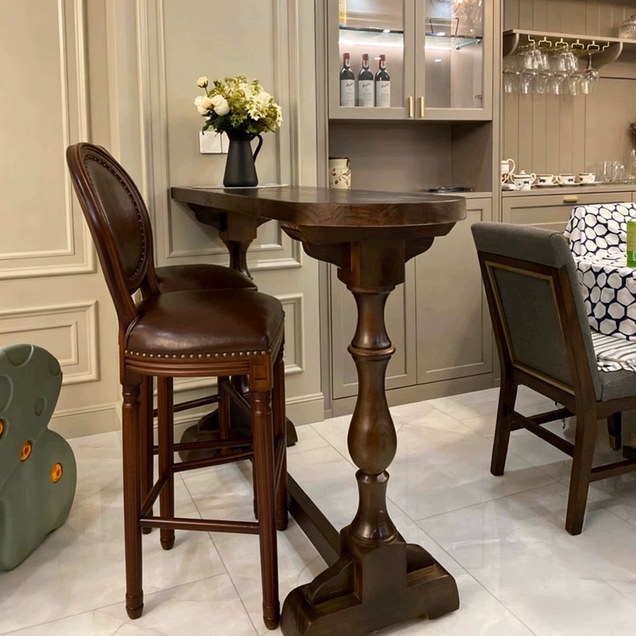 美式乡村复古实木吧台桌罗马柱厨房阳台靠窗客厅高脚纯原桌椅组合