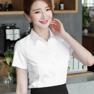 新款 女宽松春夏季 工作服工装 大码 白衬衣 尖领短袖 职业正装 白衬衫
