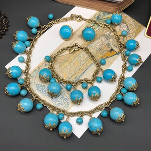 优雅复古风时尚 饰品做旧金绿松石吊坠项链手链耳钉日常百搭女套装