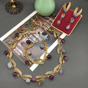 中古vintage饰品铜镀做旧金紫晶石吊坠项链耳环手链优雅百搭套装