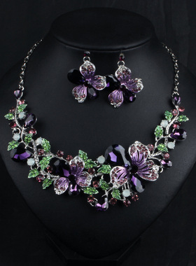 装饰项链短款女欧美奢华夸张花朵耳环锁骨链时尚个性水晶礼服配饰