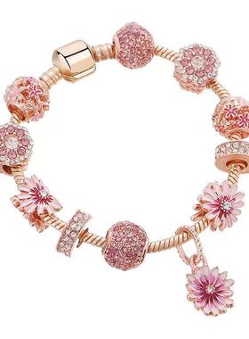 外贸新款小菊花手链潘家风格大孔珠玫瑰金DIY串珠手串